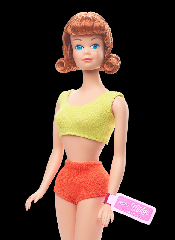 1963 Midge doll, Barbie's best friend, with auburn hair in a yellow and orange swimsuit