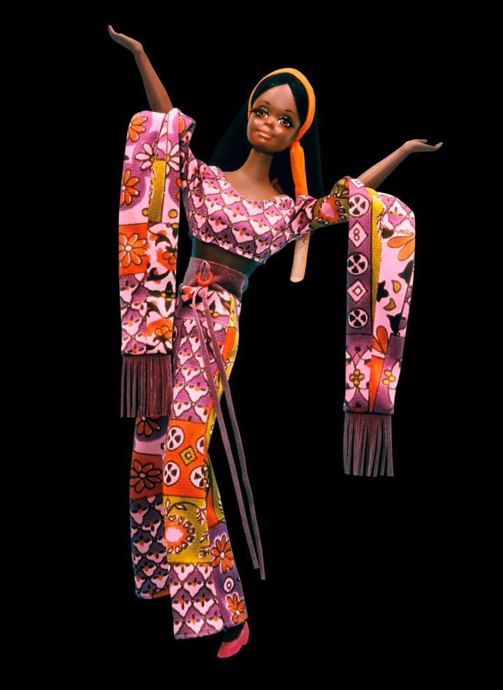 1971 Live Action Christie doll with articulated pose in a vibrant 1970s outfit