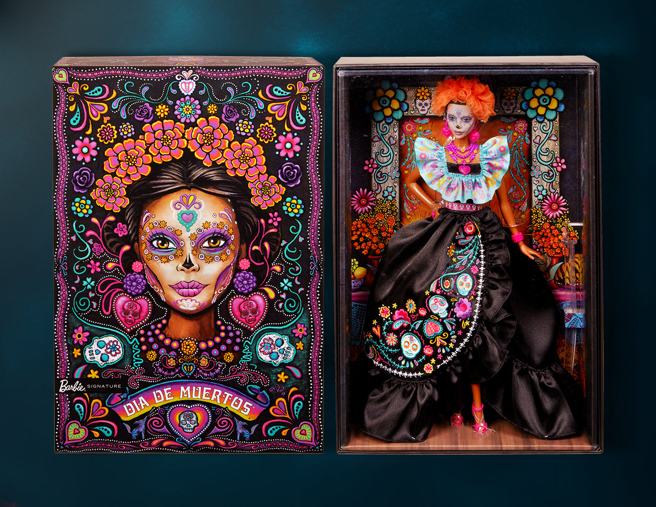 Barbie Día de Muertos 2024 Poupée signature Barbie à collectionner en robe noire avec haut bleu à volants, imprimé brodé et accessoires colorés. HRM72 | Votre wishlist sur Barbie Día de Muertos 2024 Poupée signature Barbie à collectionner en robe noire avec haut bleu à volants, imprimé brodé et accessoires colorés. HRM72 | Votre wishlist sur