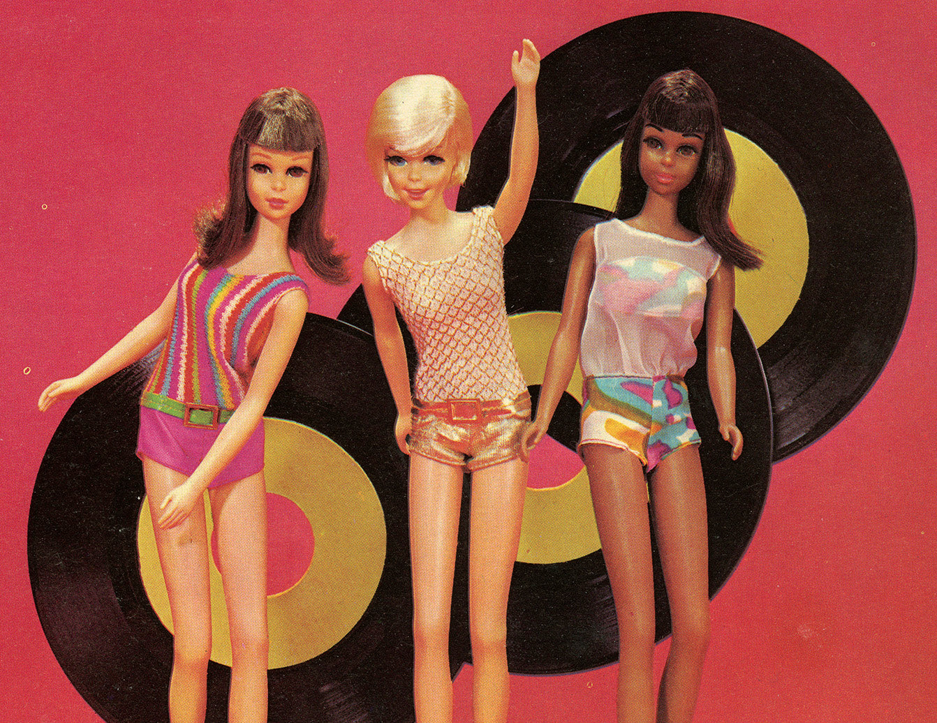 1960s-era Barbie dolls in colorful mod fashion, capturing the decade's spirit of limitless possibility